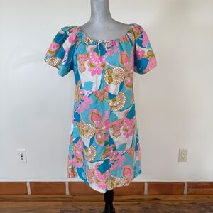 Handmade Retro Print Dress Colorful Flowers Blues and Pink Cotton One-Of-A-Kind